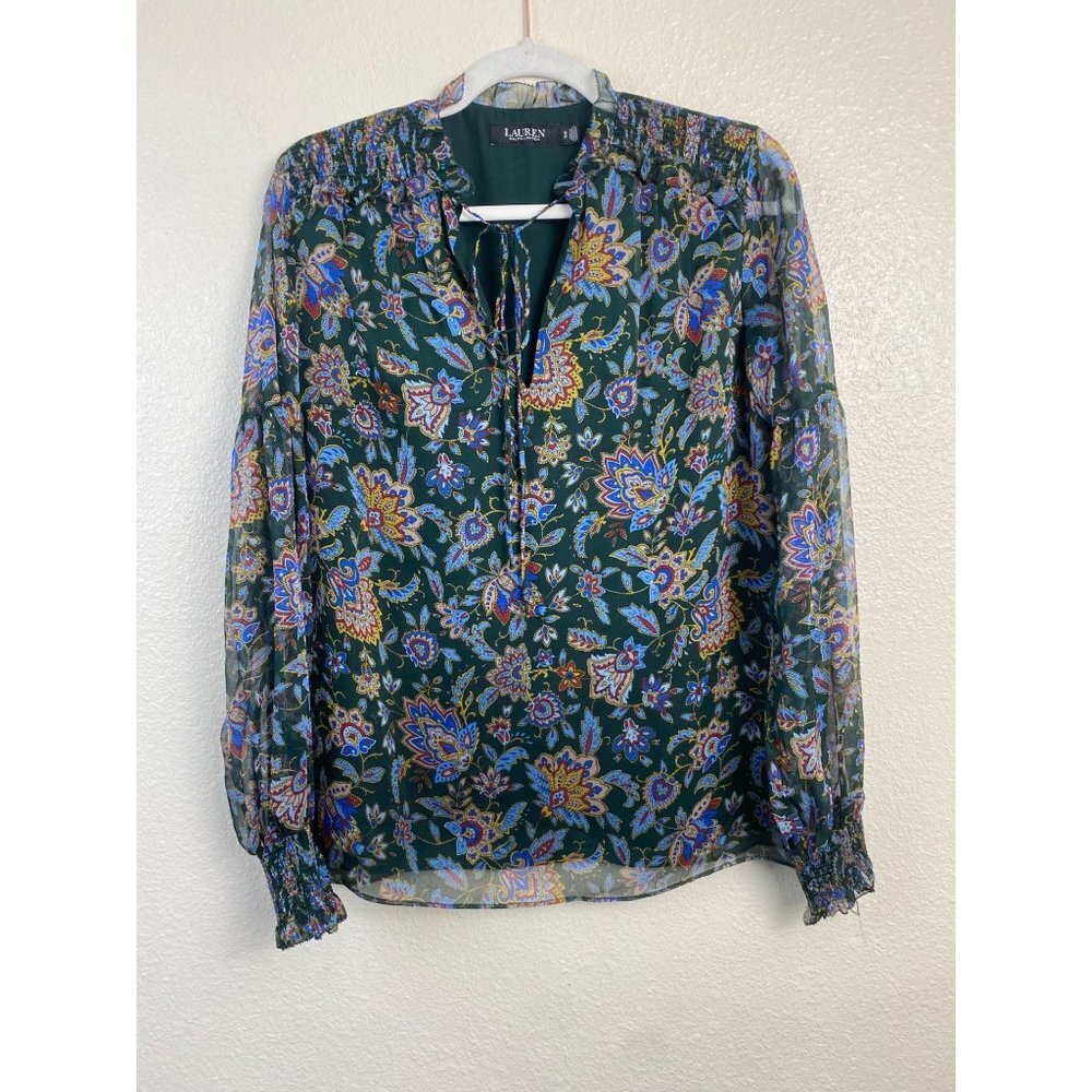 Lauren Ralph Lauren Black Label Womens Top size Small Petite Floral Green Career